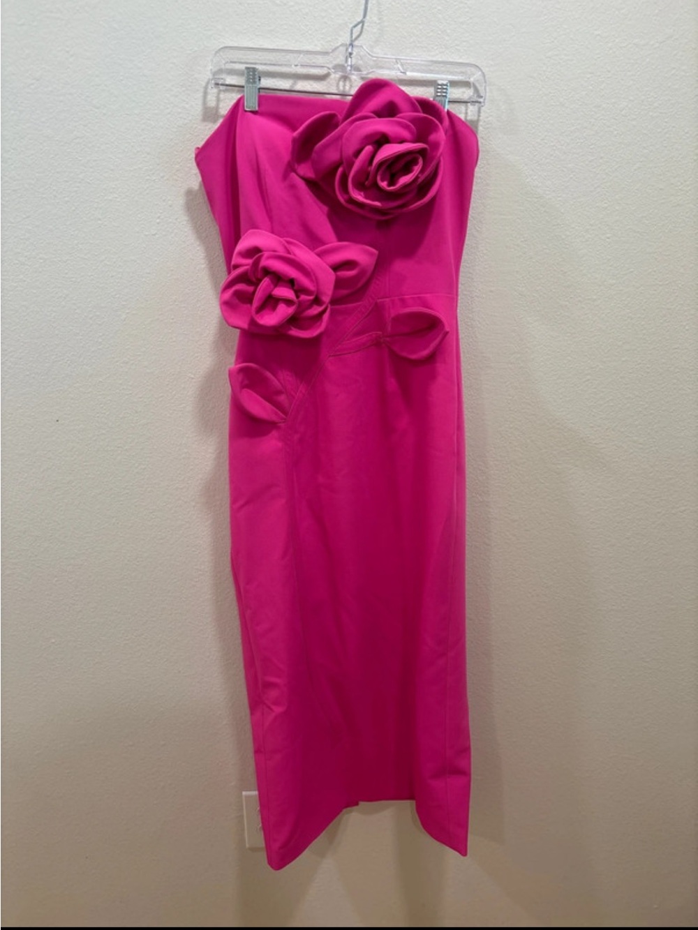 Mac Duggal Strapless Midi Dress in Vibrant Fuchsia with Floral Appliqués